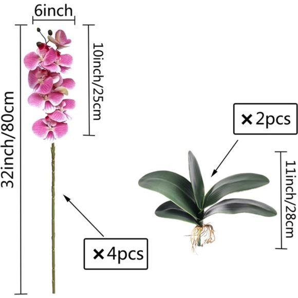 32"Artificial Phalaenopsis Flowers 4 Pcs with 2 Bundles Leaves Artificial Orchid - Picture 2 of 7